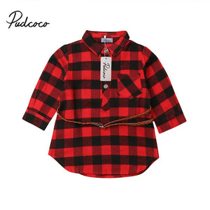 0-5Y Newborn Kids Baby Girls Red Plaid Princess Party Long Sleeve Dress Waistband Clothes