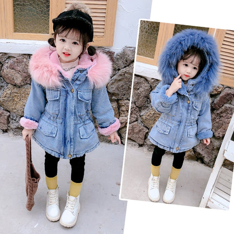 Winter Girls Denim Jacket Children Cotton Hooded Windbreaker Kids Plus Thick Velvet Warm Hooded Fur Collar Parkas Outwear