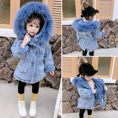 Winter Girls Denim Jacket Children Cotton Hooded Windbreaker Kids Plus Thick Velvet Warm Hooded Fur Collar Parkas Outwear