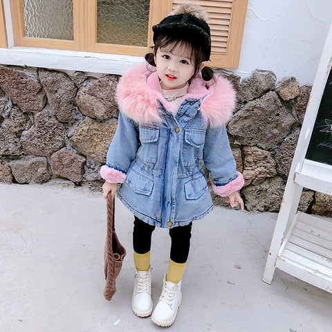 Winter Girls Denim Jacket Children Cotton Hooded Windbreaker Kids Plus Thick Velvet Warm Hooded Fur Collar Parkas Outwear