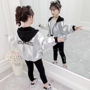 Kids Sport Leather Jacket Fall Girls Hoodies Coat Reflective Silver Long Sleeve Outerwear Polyester Breathable Girl Windbreaker