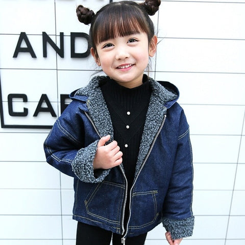 Benemaker 3-12Y Kids Wear Medium Long Winter Coat Boys Lambs Wool Denim Jacket For Children Boys Girls Plus Cashmere Jeans YJ133