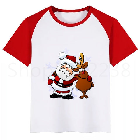 Kids Santa Deer Merry Christmas Cartoon T-shirt Kids Funny Tops Children Short Sleeve T shirt Baby Clothes