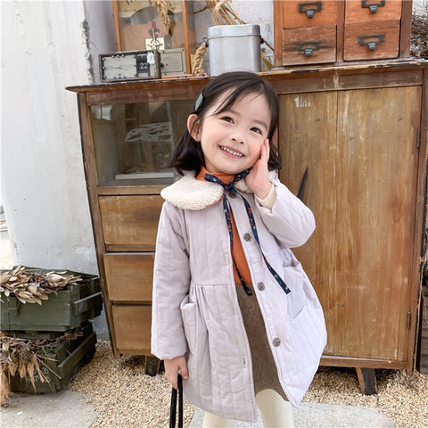 Winter Girls Thinck Doll Coat Children Round Collar Jacket Coat Kids Baby Girl Single Breasted Coat With Padded No Lamb Collar