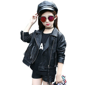 Girls Faux Leather Jacket  Kids Faux Leather Jackets  girls Casual Black Tassels Children Outerwear