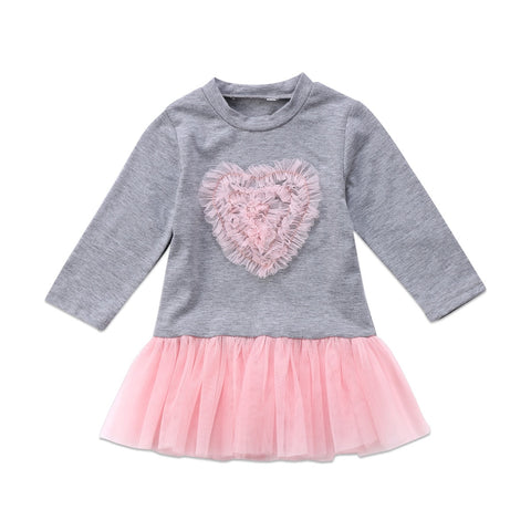 Lace Heart Patchwork Toddler Kids Baby Girls Long Sleeve Lace Tutu Tulle Dress Outfits Clothes Dress