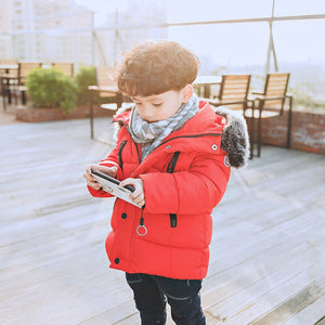 Cute Boys Cotton Coat Baby Kids Outerwear Clothes Winter Warm Cotton-padded Coat Hooded Short Style Childern Clothing Black Red