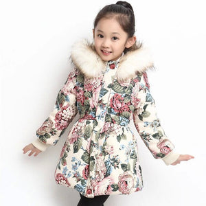 Korean Thicken Girl Cotton-padded Coat Flower Pattern Kids Outerwear Medium-long Winter Girls Clothes Childern Cotton Coat Warm