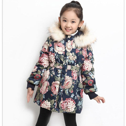 Korean Thicken Girl Cotton-padded Coat Flower Pattern Kids Outerwear Medium-long Winter Girls Clothes Childern Cotton Coat Warm