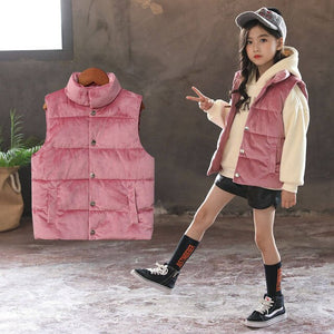 Winter Girls Vests Fashion Solid Sleeveless Zipper Jacket Warm Cotton Mandarin Collar Pocket Childern Streetwear Coat Jacket