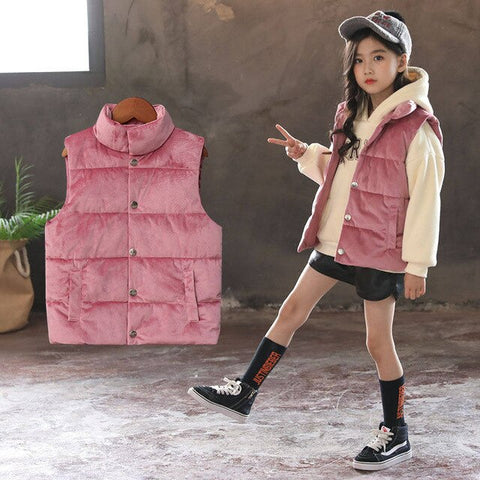 Winter Girls Vests Fashion Solid Sleeveless Zipper Jacket Warm Cotton Mandarin Collar Pocket Childern Streetwear Coat Jacket