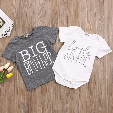 Emmababy Borther And Sister Matching Clthoes Fynny Big Brother T-shirt Little Sister Cotton Bodysuit Short Sleeve Letter Tops