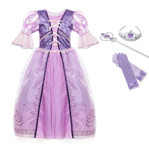 Little Girls Rapunzel Dress Children Fantasy Cosplay Costume with Ribbons Kids Halloween Party Clothes Princess Purple Dress