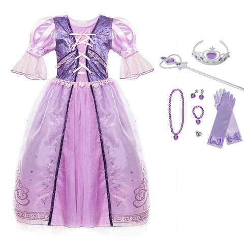 Little Girls Rapunzel Dress Children Fantasy Cosplay Costume with Ribbons Kids Halloween Party Clothes Princess Purple Dress