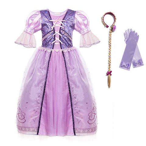 Little Girls Rapunzel Dress Children Fantasy Cosplay Costume with Ribbons Kids Halloween Party Clothes Princess Purple Dress