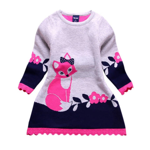 Toddler Baby Kids Clothes Long Sleeve Fox Print Sweater Dress Warm Winter Kids Girl Party Wear Disfraz Princess 2-7Y