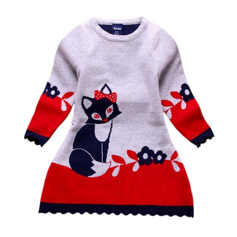 Toddler Baby Kids Clothes Long Sleeve Fox Print Sweater Dress Warm Winter Kids Girl Party Wear Disfraz Princess 2-7Y