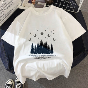 New T-shirt Dark forest Print letter universe faith Harajuku T shirt Women Tshirt O-neck Short Sleeve White Tops Female Clothing