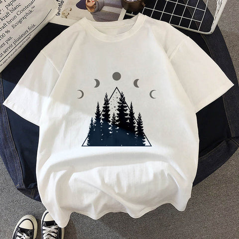 New T-shirt Dark forest Print letter universe faith Harajuku T shirt Women Tshirt O-neck Short Sleeve White Tops Female Clothing