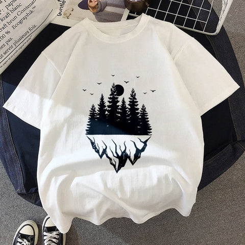 New T-shirt Dark forest Print letter universe faith Harajuku T shirt Women Tshirt O-neck Short Sleeve White Tops Female Clothing